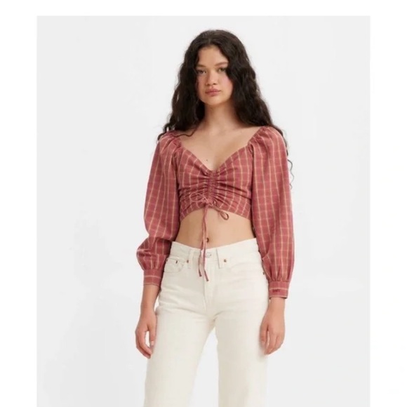 Levi's Tops - Levi's Women's Puff Long Sleeve Cropped Smocked Back Devin Blouse Red Plaid